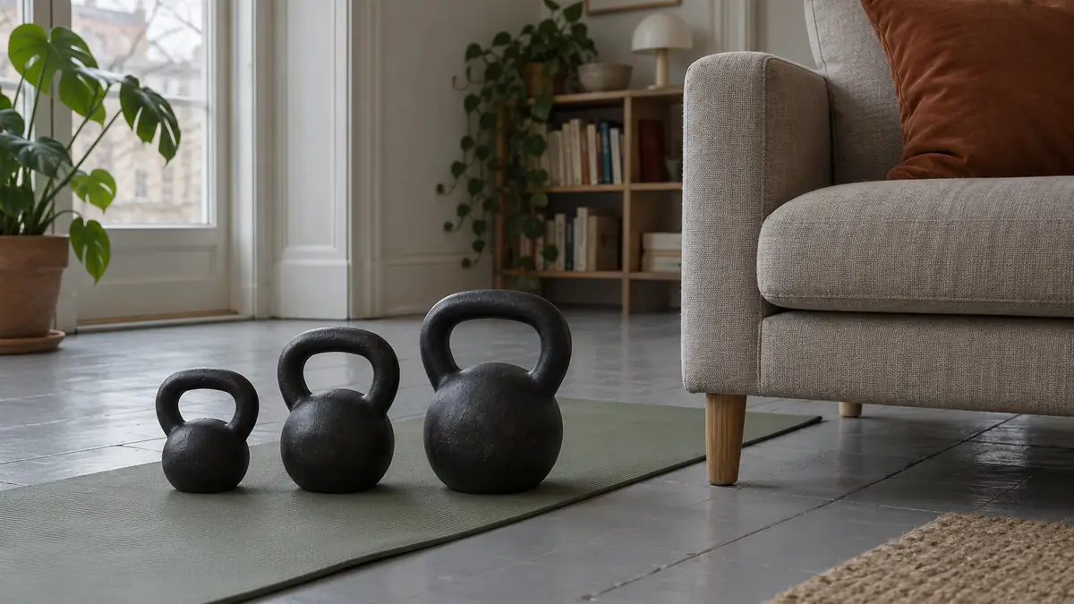Tre kettlebells i forskellige størrelser på en træningsmåtte i en stue