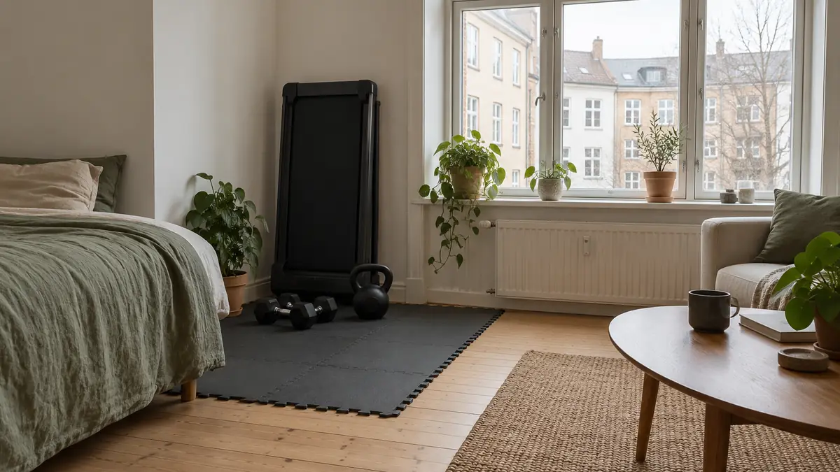 Hjørne med gulvfliser, håndvægte og et sammenklappet gåbånd i en etværelseslejlighed