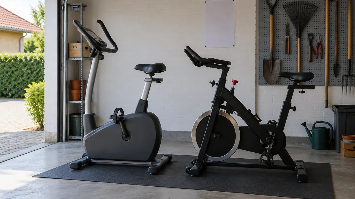 Motionscykel og spinningcykel side om side i en garage