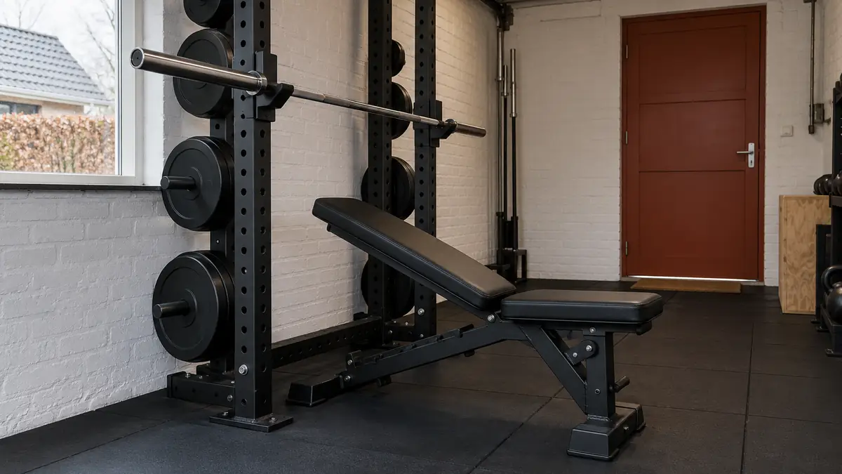 Halvt rack med vægtstang og justerbar vægtbænk i en ombygget garage