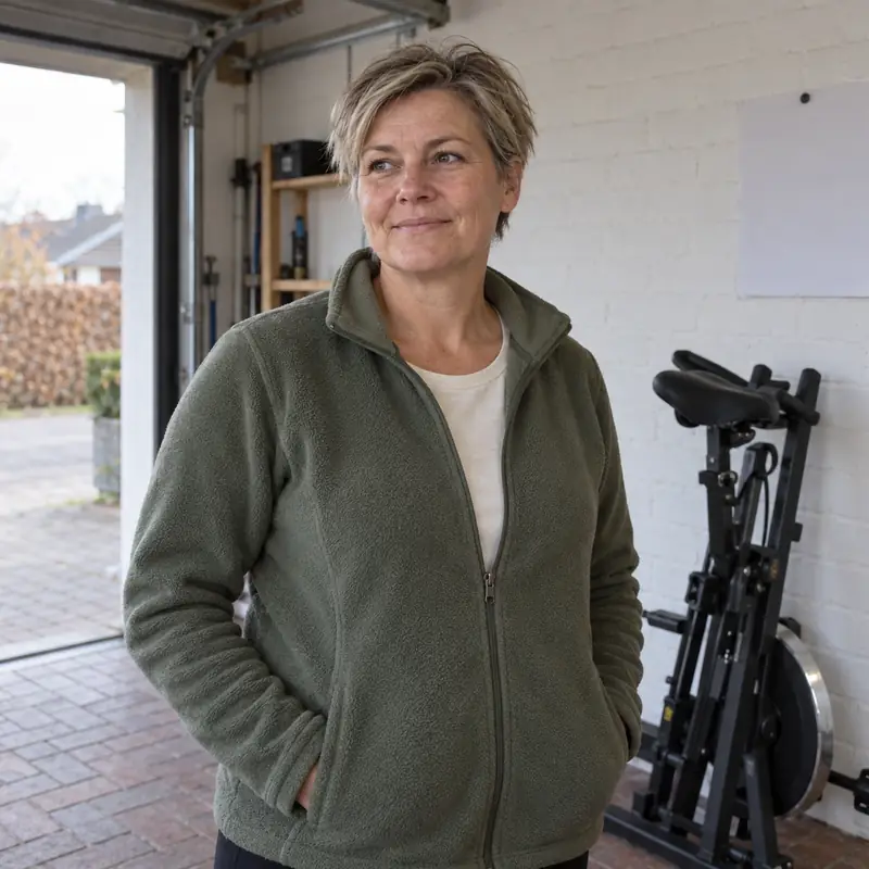 Signe Brøndum i garagen ved siden af en sammenklappet motionscykel