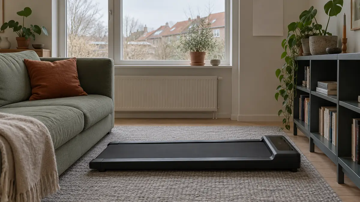 Fladt gåbånd på et gråt tæppe i en stue i et rækkehus